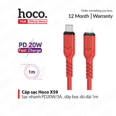 Cáp sạc nhanh TypeC to IP PD20W 3.0A Hoco X59 dùng cho ip7/8/X/11/12 dây dù siêu bền dài 100cm
