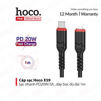 Cáp sạc Hoco X59 Typec to IP PD20W 3.0A dùng cho ip6/7/8/X/11/12/13/14 dây dù siêu bền dài 1M