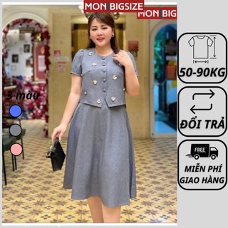 Set đồ bộ bigsize nữ dự tiệc đi chơi sang chảnh kiểu cổ tròn nút bọc đính hoa chân xòe vải cotton MON big size 50 - 90kg