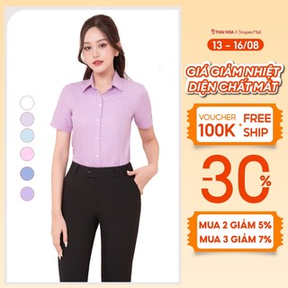 Áo sơ mi nữ công sở thiết kế ngắn tay sọc kẻ nhuyễn nhiều màu Thái Hòa ASW0301-R05