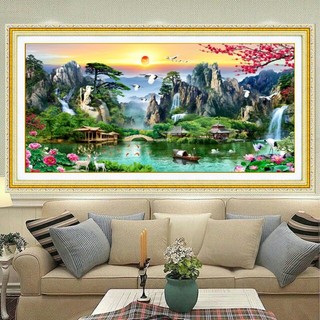 Tranh đính đá phong cảnh non nước hữu tình KT:120x55cm,160x70cm,200x90cm. Tranh gắn đá tự đính.