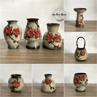 Bình gốm cắm hoa để bàn đắp hoa hồng nổi size 16-36cm