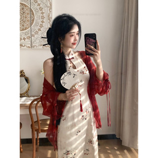  Set đầm cổ trang sườn xám đỏ trắng xoè xinh 