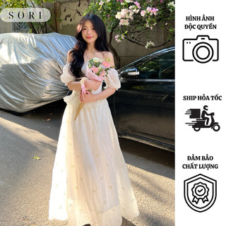  ĐẦM VÁY MAXI DÀI TRỄ VAI CỔ VUÔNG TAY PHỒNG XẺ TÀ ĐI BIỂN VẢI TƠ THÊU