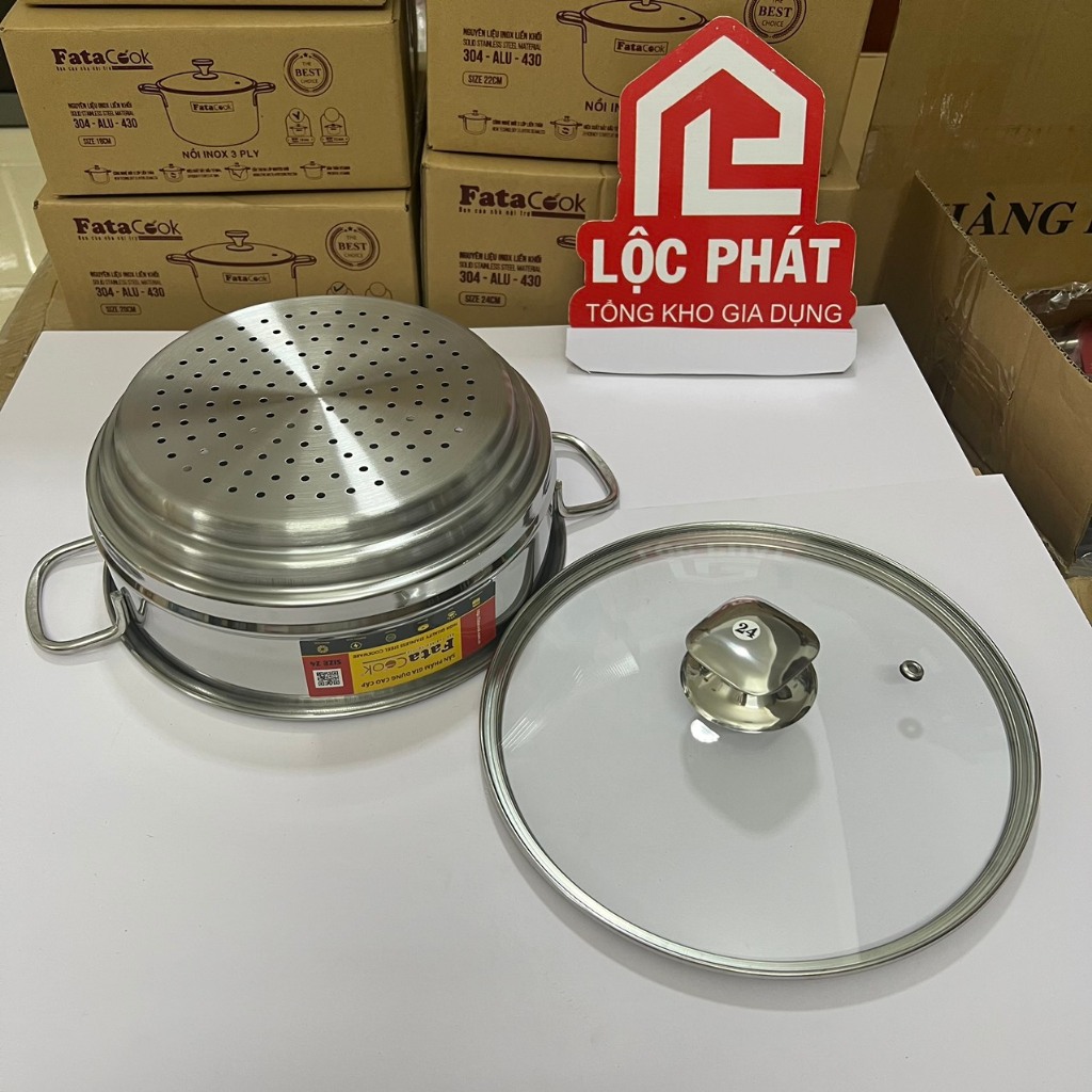 Xửng hấp Inox Fatacook thông minh 3 nấc size 24cm dùng cho nồi 20 22 24cm, xửng 3 nấc 32 cho nồi 28 30 32cm | BigBuy360 - bigbuy360.vn