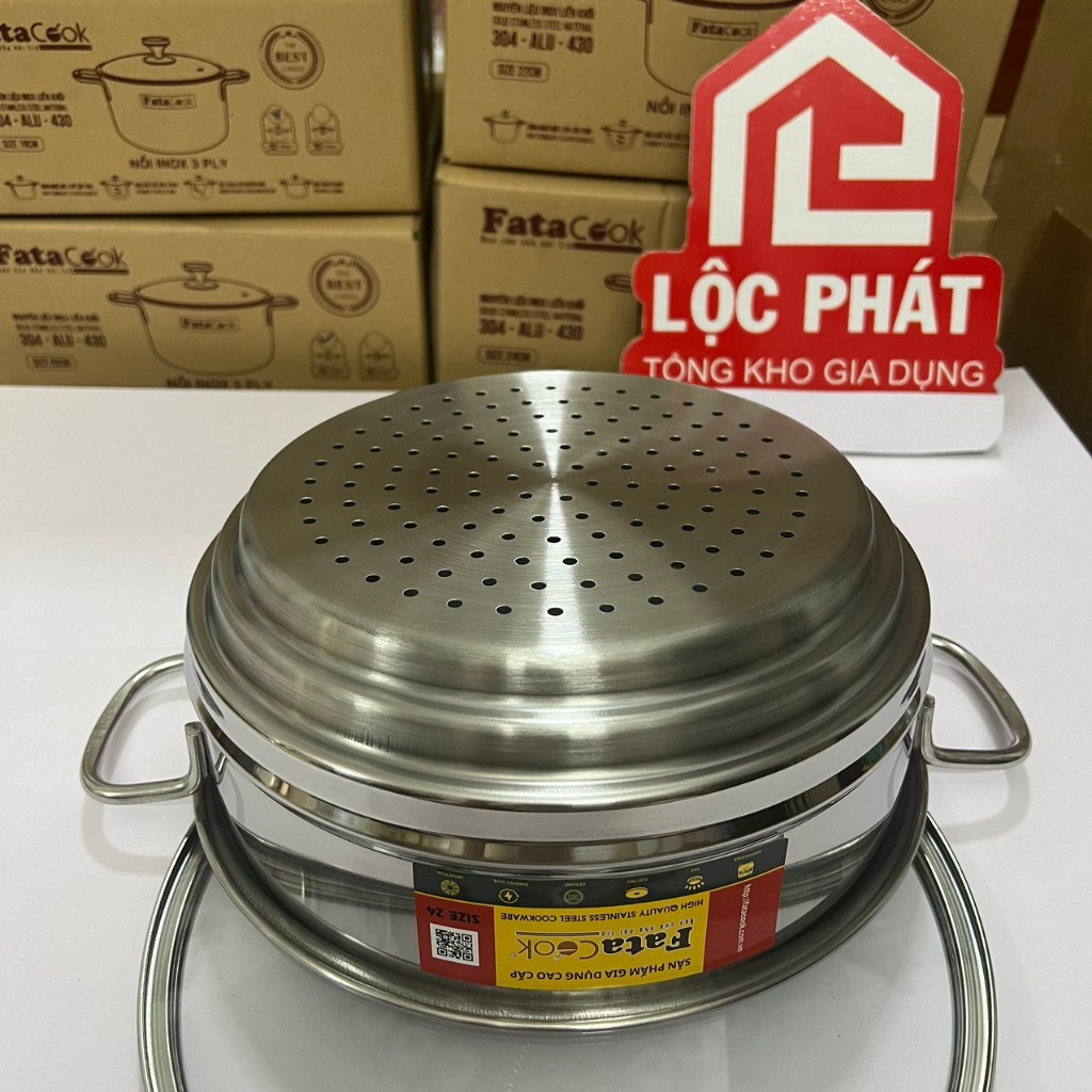 Xửng hấp Inox Fatacook thông minh 3 nấc size 24cm dùng cho nồi 20 22 24cm, xửng 3 nấc 32 cho nồi 28 30 32cm | BigBuy360 - bigbuy360.vn
