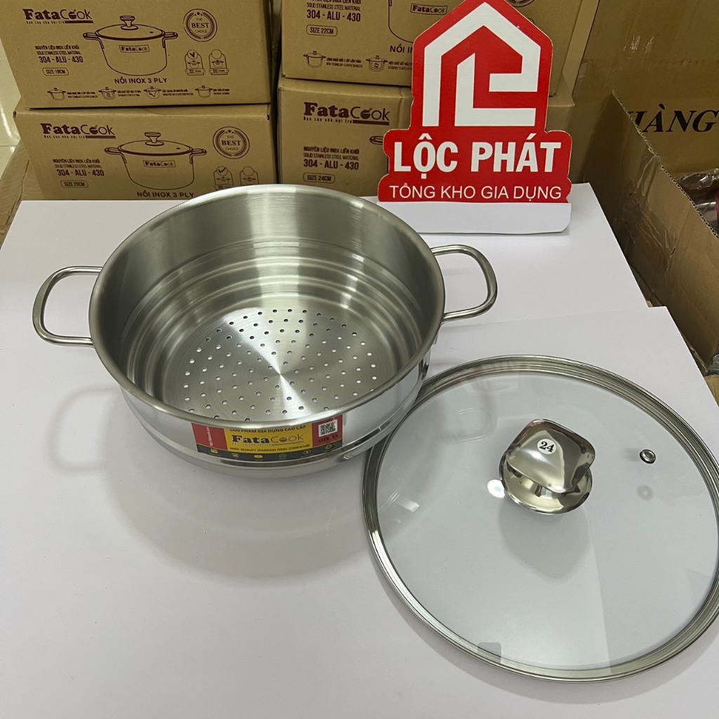 Xửng hấp Inox Fatacook thông minh 3 nấc size 24cm dùng cho nồi 20 22 24cm, xửng 3 nấc 32 cho nồi 28 30 32cm | BigBuy360 - bigbuy360.vn