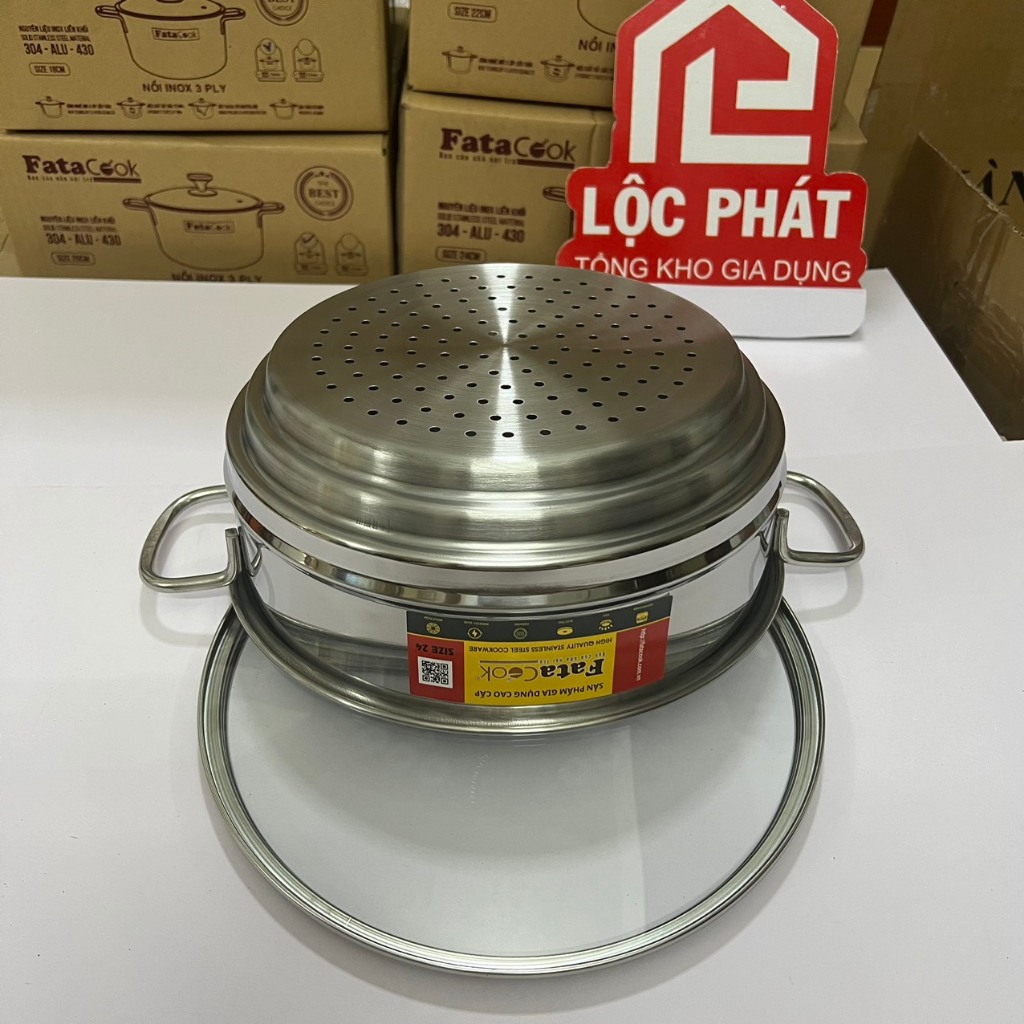 Xửng hấp Inox Fatacook thông minh 3 nấc size 24cm dùng cho nồi 20 22 24cm, xửng 3 nấc 32 cho nồi 28 30 32cm | BigBuy360 - bigbuy360.vn