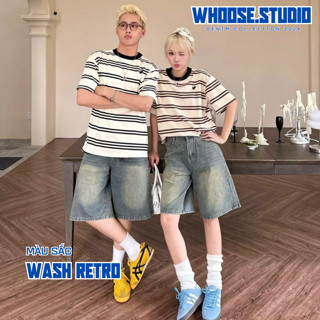 Quần jean lửng unisex wash ống rộng chất bò đẹp cao cấp - Quần wash đùi Whoose màu xanh rêu WS05