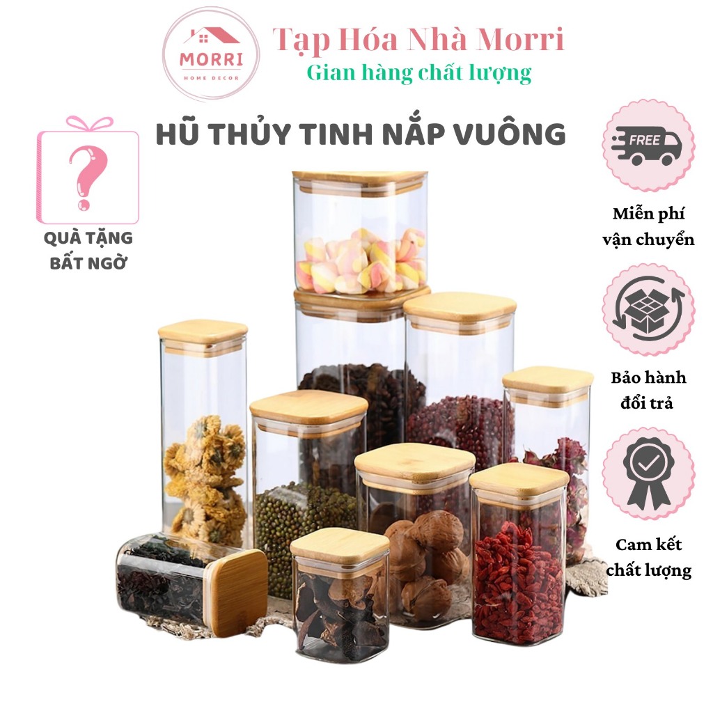 Hũ thủy tinh vuông nắp gỗ,lọ thủy tinh đựng thực phẩm, đồ khô, trang trí nhà bếp - Morri.Shop