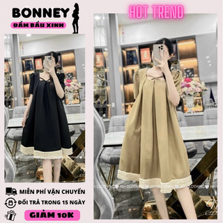 Váy bầu xinh, đầm bầu mùa hè dáng babydoll cổ tròn phối dây nơ điệu đà , thân váy xếp ly kết hợp đuôi xòe ngắn xinh