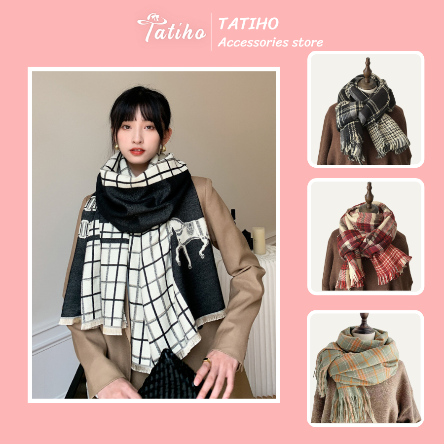 Khăn len choàng cổ unisex, Khăn cashmere len dày dặn giữ ấm thời trang thu đông họa tiết ngựa độc đáo - 60x180cm - LN045