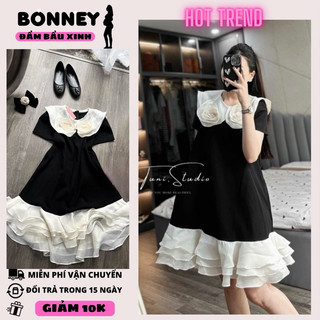 Váy bầu dự tiệc, đầm bầu thiết kế cao cấp dáng babydoll cổ sơ mi hoa sang chảnh, phối đuôi váy xòe xinh