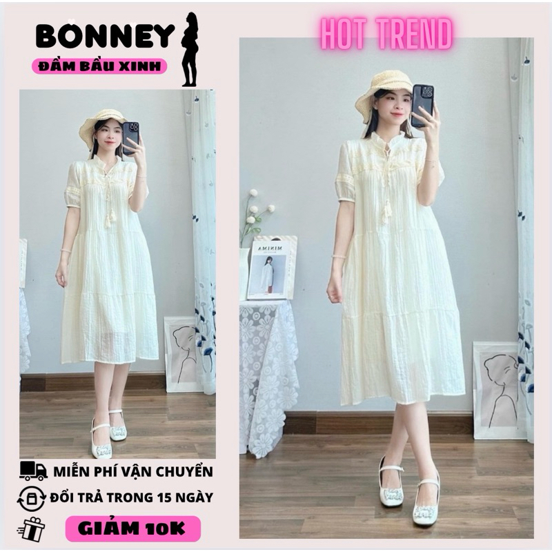 Váy bầu thiết kế, đầm bầu thời trang dáng babydoll cộc tay tơ hàn, cổ ren kèm dây buộc chuông, váy thiết kế hotrend