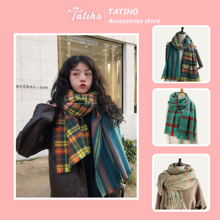 Khăn len choàng cổ họa tiết caro unisex nam nữ phong cách Hàn Quốc, Khăn Cashmere len dày thời trang thu đông - Mã LN049