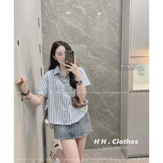 Áo sơ mi kẻ sọc màu ngực thêu hình chữ tay ngắn 0824 thaotranshop90