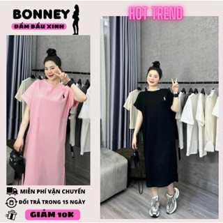 Váy bầu mùa hè, đầm bầu thời trang dáng babydoll cổ tròn tay ngắn, cotton co dãn đa chiều, mềm mại, thoáng mát