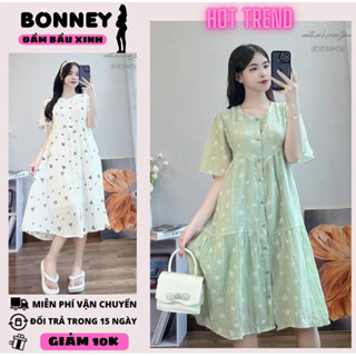 Váy bầu hoa nhí, đầm bầu thời trang dáng babydoll tay ngắn, thiết kế 2 lớp có nút cài chất lụa tơ cao cấp