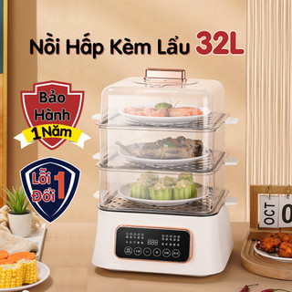Nồi lẩu điện đa năng kèm khay hấp inox 3 tầng cao cấp 32L, nồi hấp điện đa năng 3 tầng 2 trong 1