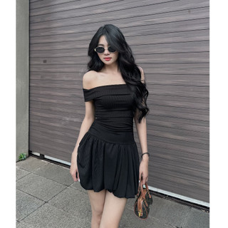 Đầm bẹt vai nữ HHVINTAGE dáng quả bí chất thun tăm mịn 2 lớp co dãn Dress 08
