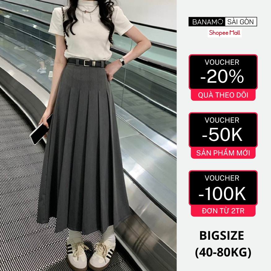 Chân váy nữ bigsize Banamo Sài Gòn chân váy xếp ly dáng dài cạp cao 531