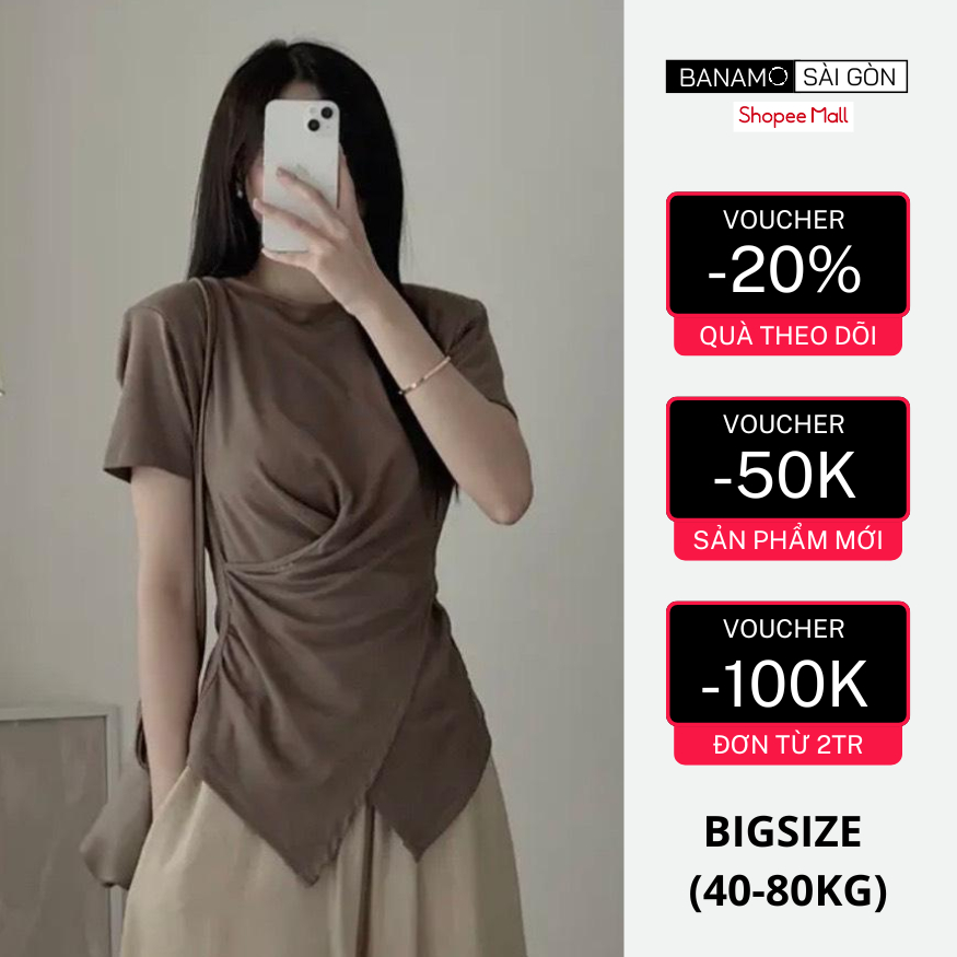 Áo thun nữ bigsize Banamo Sài Gòn áo thun trơn cổ tròn nhúm eo vạt chéo 3112