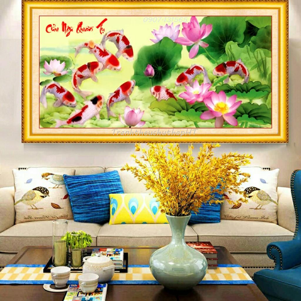 Tranh đính đá cá cửu ngư quần hội KT:130x62cm,180x84cm. Tranh gắn đá tự làm.