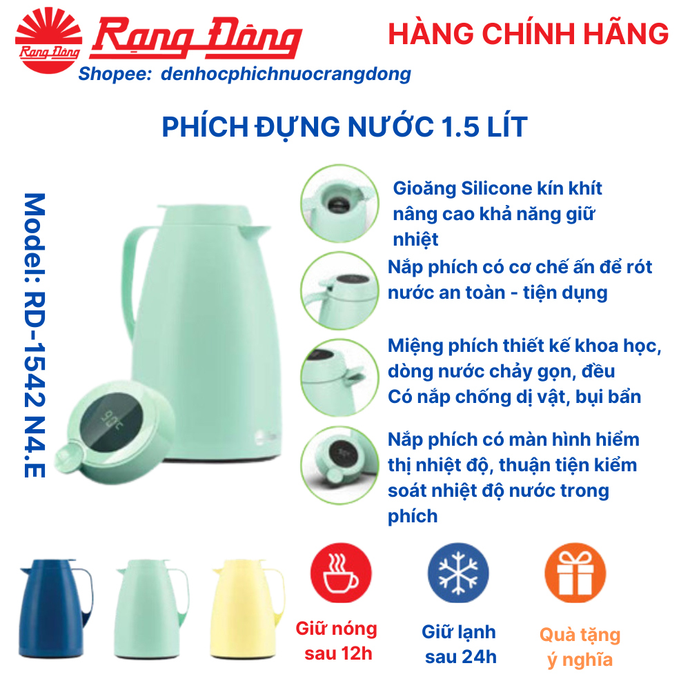 Phích nước Rạng Đông 1,5 lít 1542 N4.E. Bình thủy giữ nhiệt hiểm thị nhiệt độ thông minh