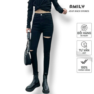 Quần Jean Nữ Lưng Cao AMILY màu đen trơn rách gối dáng Skinny Tôn Dáng