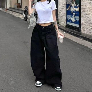 Quần Jean Đen Form Suông Rộng GODMOTHER Quần Jean Cotton Cạp Trễ Ống Suông Xếp Ly Nam Nữ Unisex Thoải Mái 2024