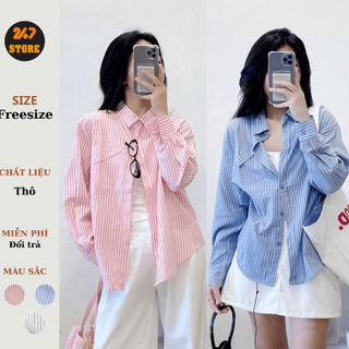 Áo sơ mi dài tay 247store dáng rộng họa tiết kẻ sọc thêu túi cách điệu
