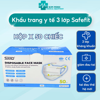   Hộp 50 chiếc  Khẩu trang y tế Safefit 3 lớp màu xanh màu trắng quai vải mềm không đau tai 