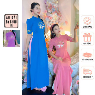 Áo dài truyền thống nữ tay ngắn thêu thỏ uyên ương cute CHUU AD1444 không kèm quần