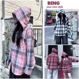 Áo sơ mi kẻ nam nữ dáng rộng ulzzang có mũ, áo khoác ngoài, áo chống nắng kẻ caro - BING