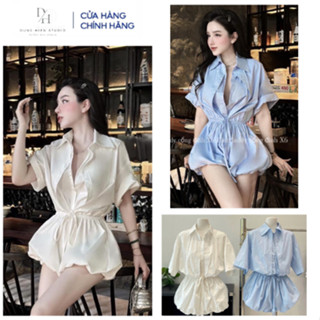 Jumpsuits liền quần dáng bí phồng DH STUDIO áo cổ sơ mi tay ngắn 2 vạt dây rút eo phong cách trẻ trung cực xinh