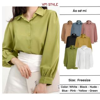 Áo sơ mi nữ dài bo tay VMSTYLE, áo công sở thiết kế chít vai form rộng nhiều màu basic - SMU00017