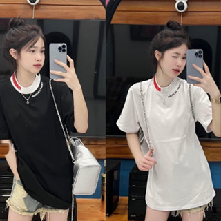 Áo thun tay lỡ Cổ Bo đỏ  họa tiết chữ in dưới cổ MÌ Tôm - Áo phông unisex nam nữ basic phong cách hàn quốc ulzzang