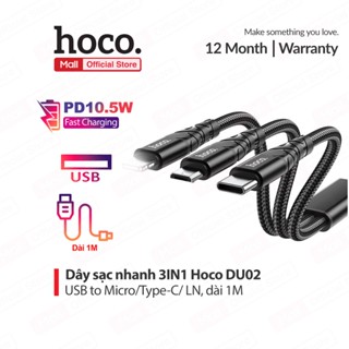 Cáp sạc 3in1 Hoco DU02 IP/Type-C/Micro sạc nhanh 3A dây dù siêu bền dài 1.2M cho Smartphone/6/7/8/X/11/12/13/Oppo