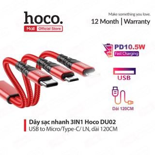 Cáp sạc hoco du02 3in1ip/type-c/micro sạc nhanh 3a dây dù siêu bền dài 1.2m cho smartphone/ip6/7/8/x/11/12/13/oppo