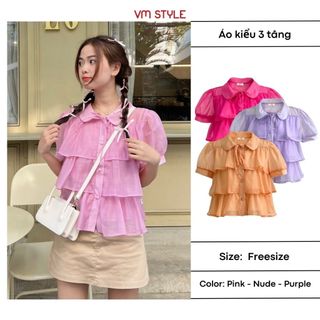 Áo kiểu nữ thiết kế 3 tầng VMSTYLE, Áo babydoll đi biển phối bèo nữ tính màu pastel 01553 ASU00026