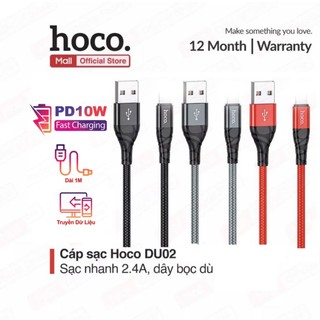 Cáp sạc Hoco DU02 USB dùng cho ip6/7/8/X sạc nhanh PD10W, truyền dữ liệu, dây bền dù chống đứt, dài 100cm