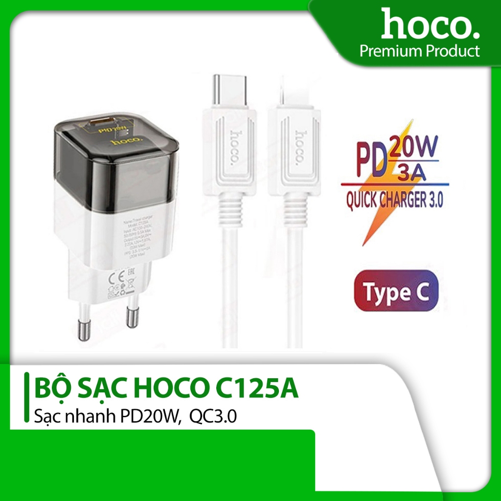 Bộ sạc nhanh PD20W Type-C to LN Hoco C125A chân tròn 1 cổng Type-C dài 1M ( Đen )