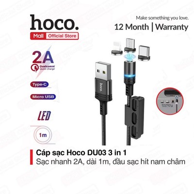 Cáp sạc Hoco DU03 3 in 1 (ip/Micro/Type-c ), sạc nhanh 2A, dài 1m, đầu sạc từ tính dễ dàng sử dụng