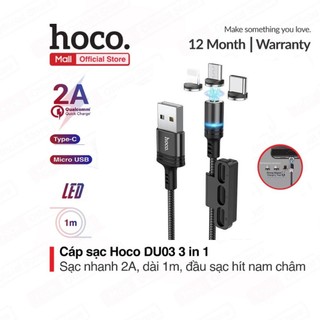 Cáp sạc Hoco DU03 3 in 1 (ip/Micro/Type-c ), sạc nhanh 2A, dài 1m, đầu sạc từ tính dễ dàng sử dụng