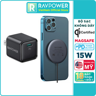 Bộ Đế Sạc Không Dây Magsafe Nam Châm 15W RAVPower RP-WC012 Kèm Củ Sạc Type C 20W Cho iPhone 15, iP14, iP13, iP12