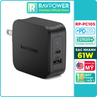 Adapter Củ Sạc RAVPower RP-PC105 61W USB Type C PD 3.0, Chân AC Gập - Hàng Chính Hãng