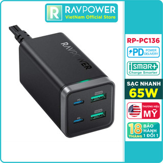 Củ Sạc Điện Thoại RAVPower RP-PC136 2 Cổng USB và 2 Cổng USB Type C PD 65W - Hàng Chính Hãng
