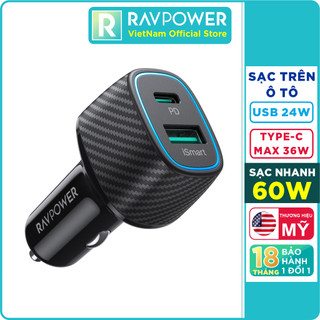 Củ Sạc Tẩu Sạc Ô Tô 60W 1 Cổng Type C 36W Và 1 Cổng USB QC 3.0 24W RAVPower RP-VC009 - Hàng Chính Hãng