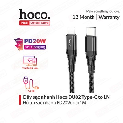 Cáp sạc nhanh Typec to IP PD20W 3.0A Hoco DU02 MAX dùng cho ip6/7/8/X/11/12/13/14 dây bọc dù chống đứt gãy, dài 1m