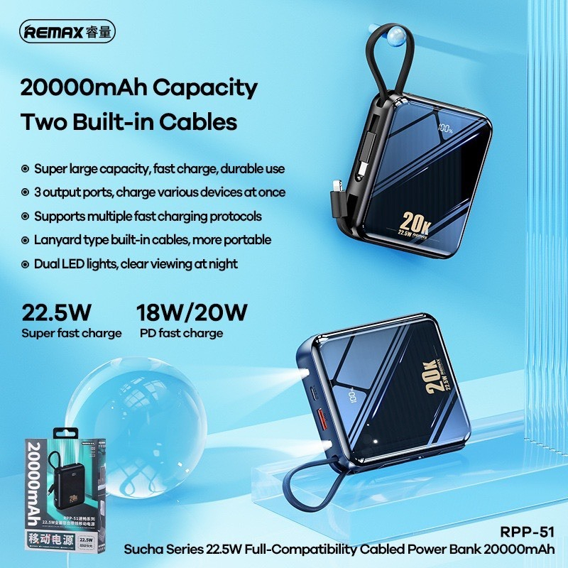 Remax RPP-51 / RPP-285 Series Sucha QC 22.5W và PD 20W - tích hợp 2 đèn pin (2 phân loại) Pin sạc dự phòng